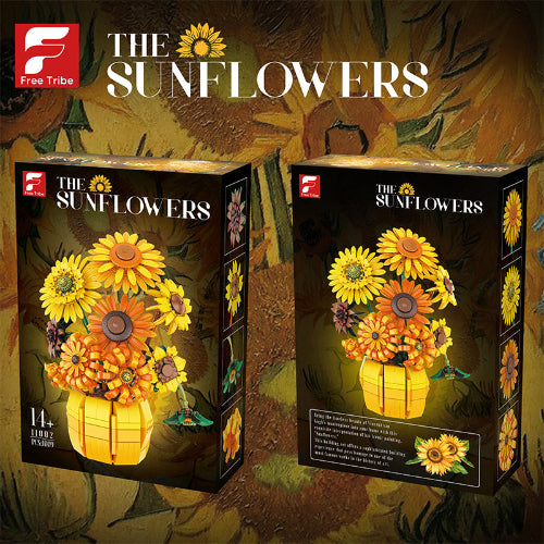 Two boxes of 'The Sunflowers' product with sunflower design on a rustic background.