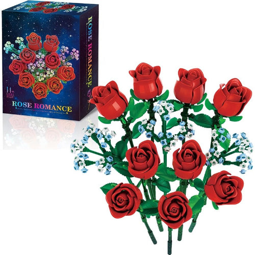 Red rose bouquet with packaging labeled 'Rose Romance' on a white background