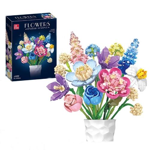 LEGO flowers set with colorful flowers and packaging on a white background